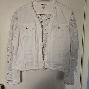 Peter Nygard White Lace Sleeve Jean Jacket